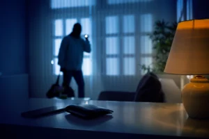 Burglar intruder inside a house with a flashlight