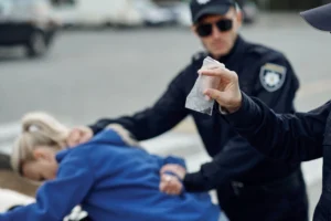 Woman being arrested for possession of a controlled substance