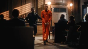 Man in an orange prison uniform being led from a courtroom