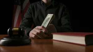 Judge sitting at the desk with a handful of drug money from a case