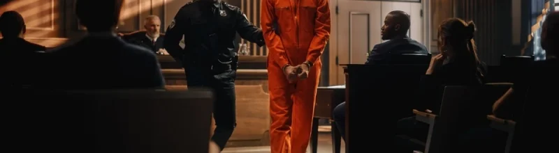 Man in an orange prison uniform being led from a courtroom