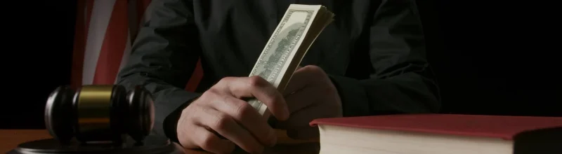 Judge sitting at the desk with a handful of drug money from a case